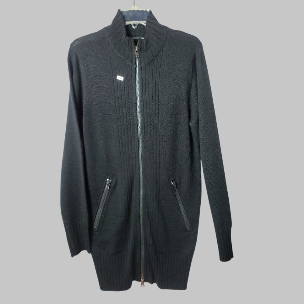 Indu Homme Longline Full-Zip Cardigan Sweater With  Zipper Pocket Black Small